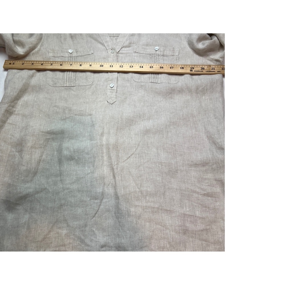 Talbots Linen Henley Blouse Women Size M‎ Beige Roll Tab Sleeve Pintuck F17 - Picture 6 of 13